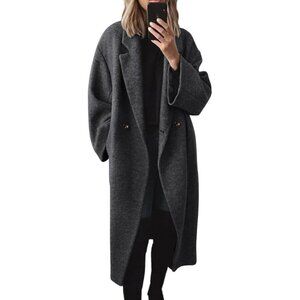 Women's Dark Grey Winter Double Breasted Wool Coat Long Sleeve Long Trench Coat
